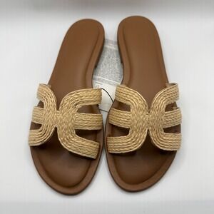 The Drop Monika Flat Slide Sandals Womens 9 Tan Raffia New H-Band Woven Slip On